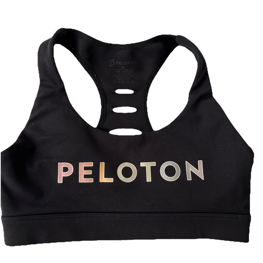Peloton Womens Black Laser Cut Ladder Back Logo Sports Bra XS RN150118